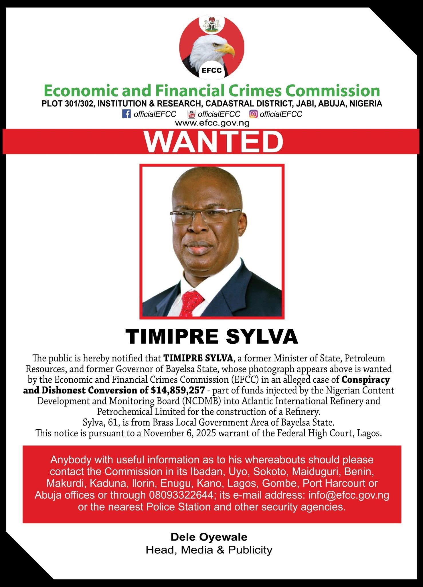 $14.8m Refinery Funds: EFCC Declares Timipre Sylva Wanted Over Alleged Diversion